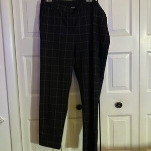 Black/maroon checkered pull on dress pants.
